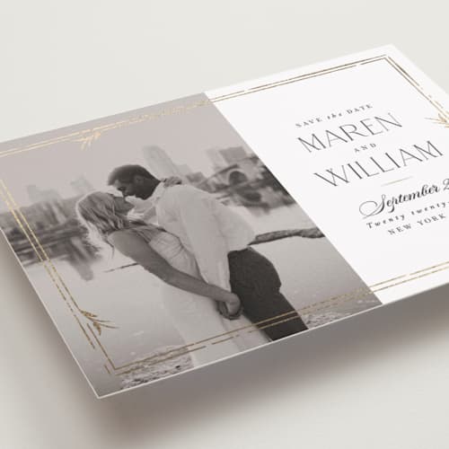 This is a linen foil stamped save the date cards with foil pressed by Robert and Stella called sable printing on recycled smooth signature in standard