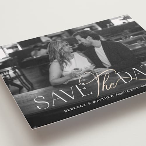 This is a sugar foil stamped save the date cards with foil pressed by Jessica Williams called enchanting printing on recycled smooth signature in standard