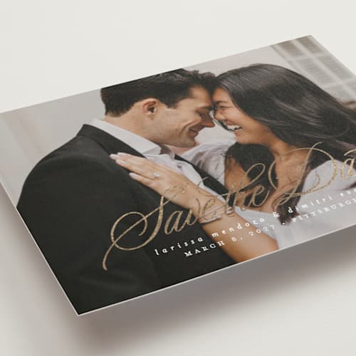 This is a pearl foil stamped save the date cards with foil pressed by Lea Delaveris called lovely day printing on recycled smooth signature in standard