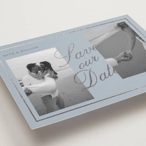 This is a french blue foil stamped save the date cards with foil pressed by Brianne Larsen called timeless love printing on recycled smooth signature in standard