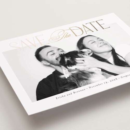 This is a sugar foil stamped save the date cards with foil pressed by Jessica Williams called delighted printing on recycled smooth signature in standard