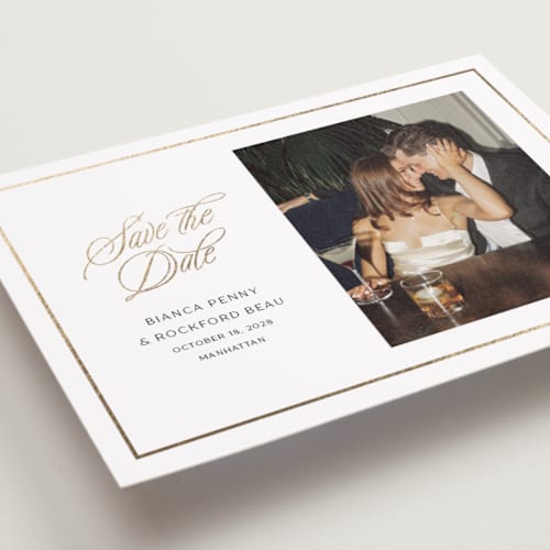 This is a cloud foil stamped save the date cards with foil pressed by Ashlee Townsend called classic city printing on recycled smooth signature in standard