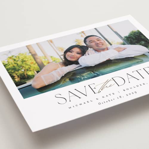This is a cotton foil stamped save the date cards with foil pressed by Carolyn Nicks called striking printing on recycled smooth signature in standard