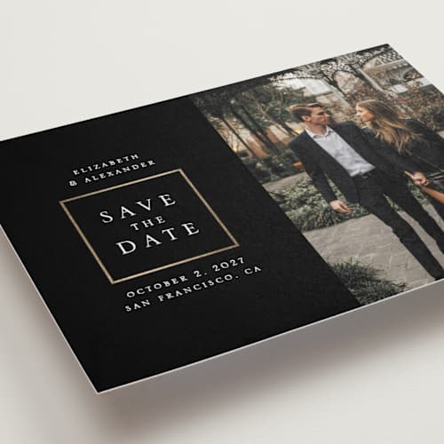 This is a black coal foil stamped save the date cards with foil pressed by Remioni called сlassic printing on recycled smooth signature in standard