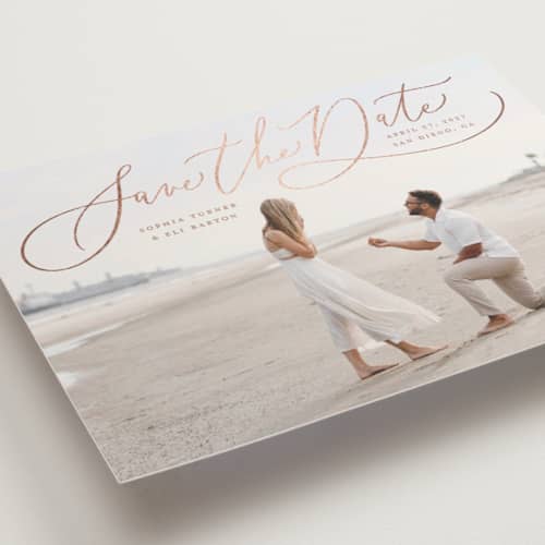 This is a dusty rose foil stamped save the date cards with foil pressed by Erin German called whisper printing on recycled smooth signature in standard