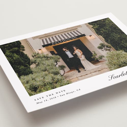 This is a lily save the date with standard by Christy Hy Lee called simple space printing on recycled smooth signature in standard