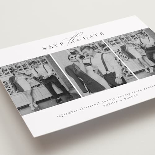 This is a dusk save the date with standard by Grace Kreinbrink called scripted multi printing on recycled smooth signature in standard