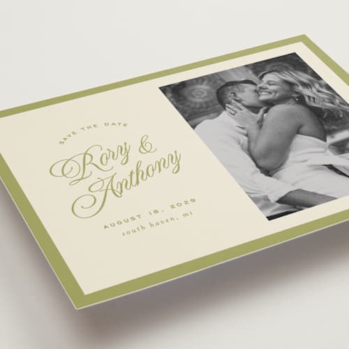This is a olive save the date with standard by Ellen Schlegelmilch called rory printing on recycled smooth signature in standard