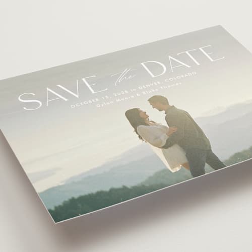 This is a cloud save the date with standard by Kate Ahn called monterosso printing on recycled smooth signature in standard