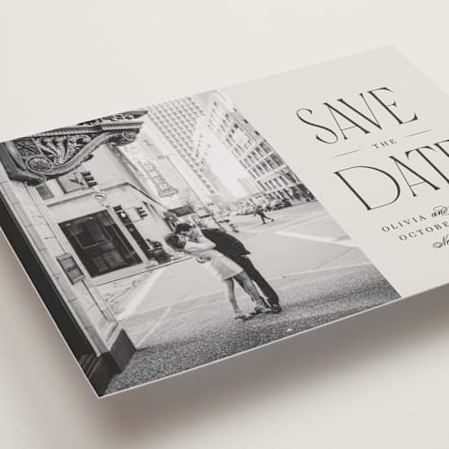 This is a dove save the date with standard by Robert and Stella called pierre printing on recycled smooth signature in standard