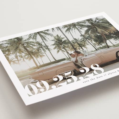 This is a linen save the date with standard by Ashley Cuccio called malibu dreams printing on recycled smooth signature in 5x7