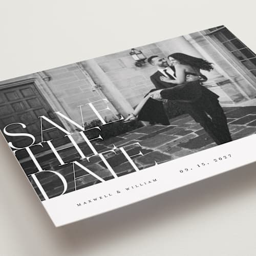 This is a pearl save the date with standard by Ana de Sousa called editorial lettering printing on recycled smooth signature in standard