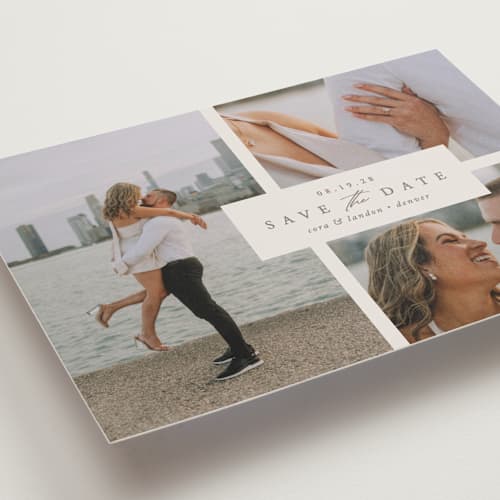 This is a almond save the date with standard by Brianne Larsen called classic date printing on recycled smooth signature in standard