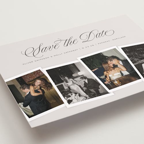 This is a creme save the date with standard by Erin L. Wilson called simple snapshots printing on recycled smooth signature in standard