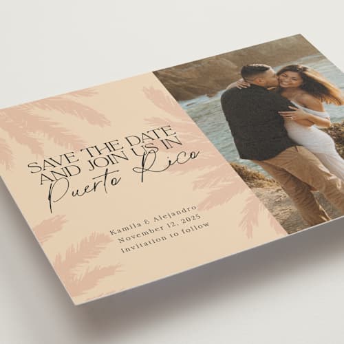 This is a sand save the date with standard by Inkblot Design called destination dream printing on recycled smooth signature in standard