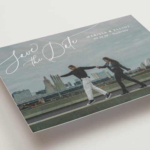 This is a pearl save the date with standard by Kaydi Bishop called on the horizon printing on recycled smooth signature in standard