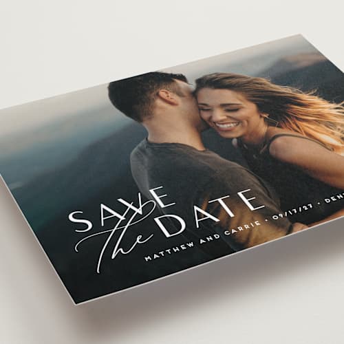 This is a pearl save the date with standard by Jennifer Postorino called eloquent printing on recycled smooth signature in standard
