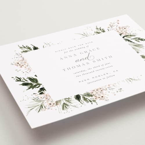 This is a porcelain save the date with standard by Leah Bisch called grace printing on recycled smooth signature in standard