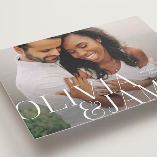 This is a pearl save the date with standard by Lauren Chism called this couple printing on recycled smooth signature in standard