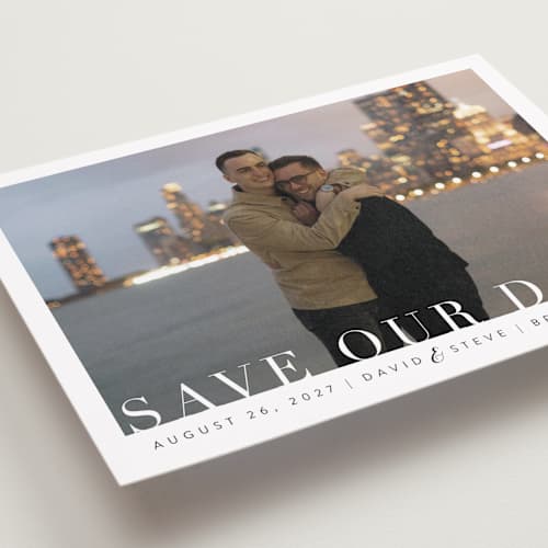 This is a clouds save the date with standard by Kasia Labocki called simple elegance printing on recycled smooth signature in standard