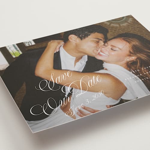 This is a pearl save the date with standard by Leah Bisch called scripted date printing on recycled smooth signature in standard