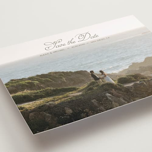 This is a moss save the date with standard by Casey Miller called quiet horizon printing on recycled smooth signature in standard