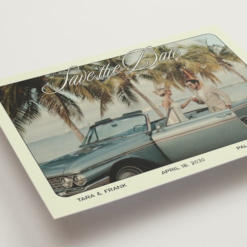 This is a palm sage save the date with standard by Ani Somi called sunset ave printing on recycled smooth signature in standard