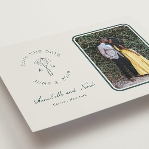 This is a sage save the date with standard by Leah Bisch called pair of calla lilies printing on recycled smooth signature in standard