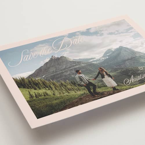 This is a almond save the date with standard by Morgan Kendall called arboretum printing on recycled smooth signature in standard