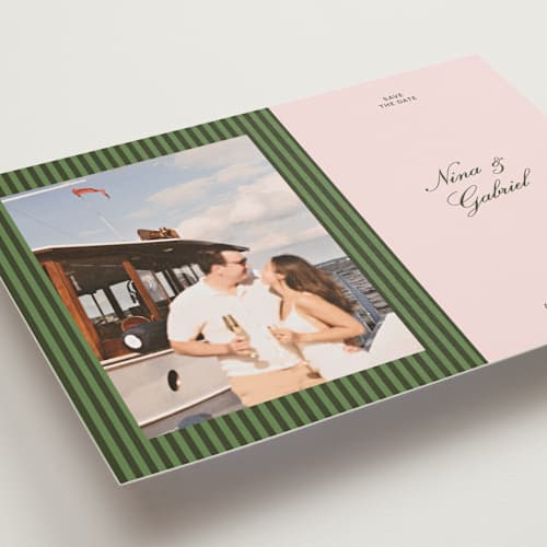 This is a rose save the date with standard by Lottie Aldarwish called the club holiday printing on recycled smooth signature in standard