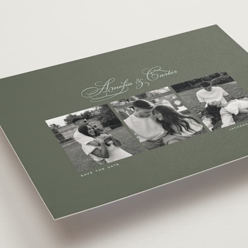 This is a pine save the date with standard by Lea Delaveris called wonder duo printing on recycled smooth signature in standard