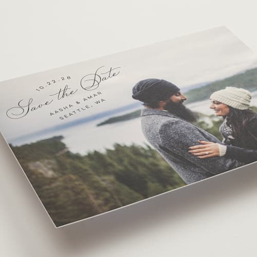 This is a smoke save the date with standard by Morgan Kendall called stamp printing on recycled smooth signature in standard