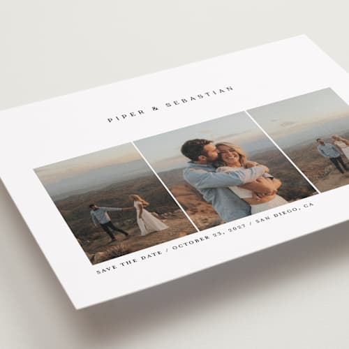 This is a linen save the date with standard by Robert and Stella called trifold printing on recycled smooth signature in standard
