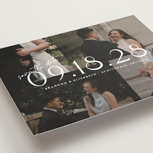 This is a opal save the date with standard by Cat Caudillo called love snaps printing on recycled smooth signature in standard