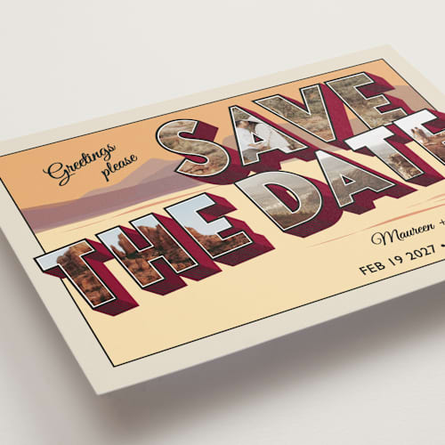 This is a sunset save the date with standard by Ashley Bird called a retro save the date printing on recycled smooth signature in standard