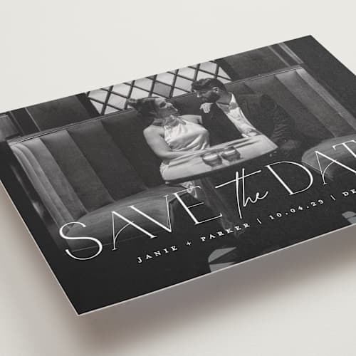 This is a pearl save the date with standard by Jessica Corliss called simple elegance printing on recycled smooth signature in standard