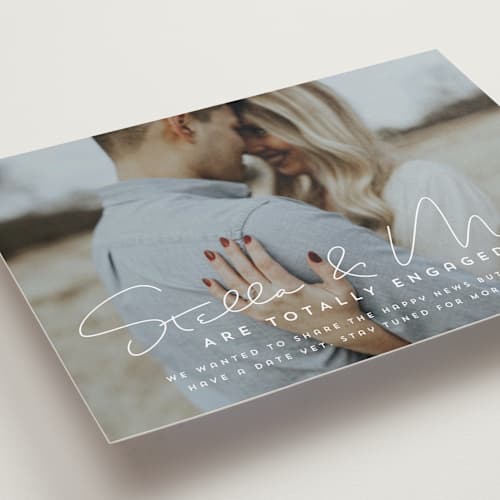 This is a cotton save the date with standard by Lori James called totally in love printing on recycled smooth signature in standard