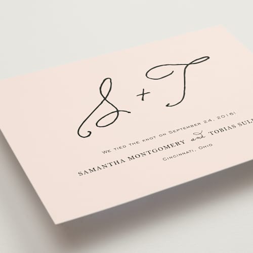 This is a blush wedding announcements with standard by Kim Dietrich Elam called estate printing on signature in standard
