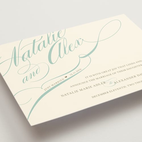 This is a sky blue wedding announcements with standard by Annie Clark called winter flourish printing on signature in standard