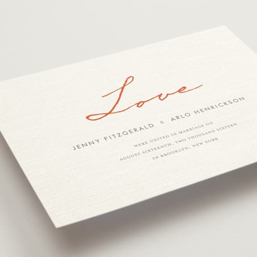 This is a orange zest wedding announcements with standard by cambria called simply in love printing on signature in standard