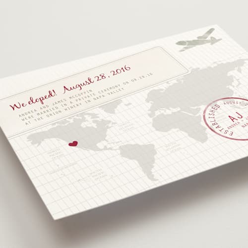 This is a deep red wedding announcements with standard by bumble ink called a faraway destination printing on signature in standard