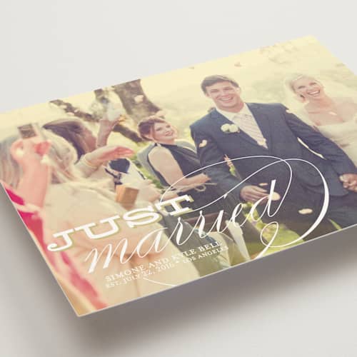 This is a gold wedding announcements with standard by Annie Clark called calligraphy printing on signature in standard