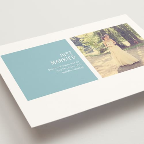 This is a sky blue wedding announcements with standard by Precious Bugarin Design called modern geometric printing on signature in standard