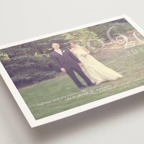 This is a pure white wedding announcements with standard by Helena Seo Design called belle memoire printing on signature in standard