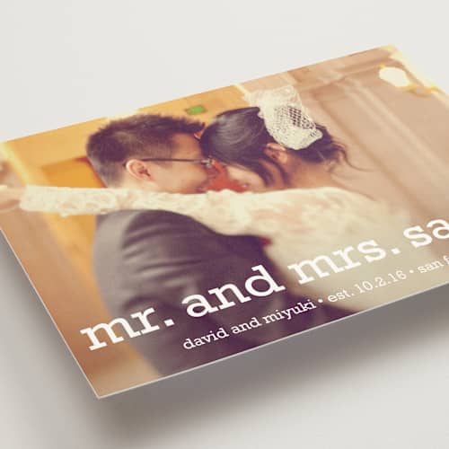 This is a snow wedding announcements with standard by Annie Clark called happy everything printing on signature in standard
