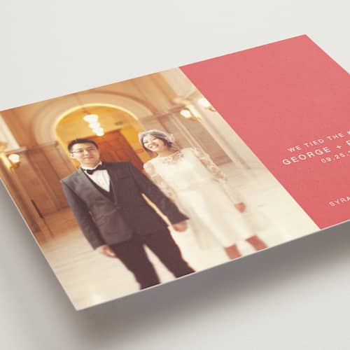 This is a pink coral wedding announcements with standard by Lori James called sweet and simple printing on signature in standard