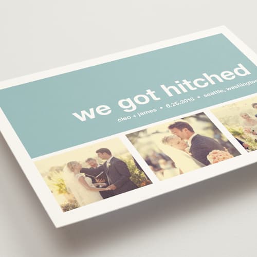 This is a powder blue wedding announcements with standard by Annie Clark called modern joy printing on signature in standard