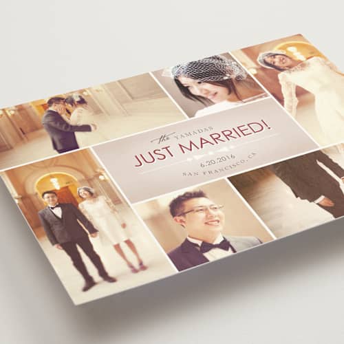 This is a burgundy wedding announcements with standard by Design Lotus called bowtie printing on signature in standard