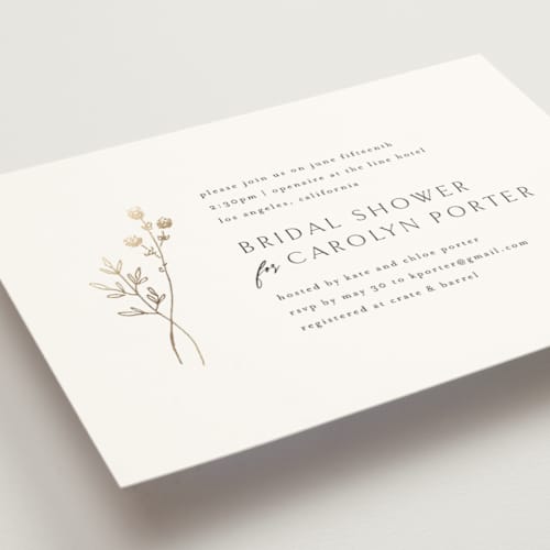 This is a silk bridal shower invitations with foil pressed by Kelly Schmidt called rustic elegance printing on signature in standard