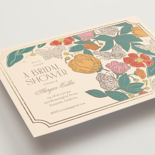This is a ivory bridal shower invitations with foil pressed by Simona Camp called gilded butterfly garden printing on signature in standard